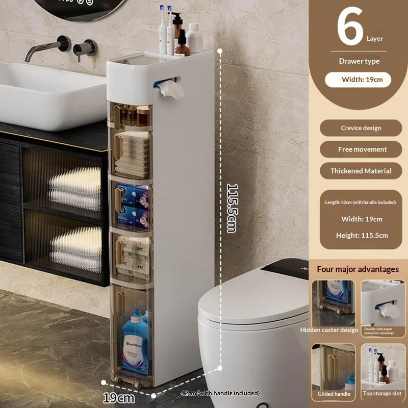 Armoire de Salle de Bains 6 Niveaux, Rangement Étroit avec Tiroir et Roulettes, Organisateur Latéral pour Toilettes, Économie d'Espace