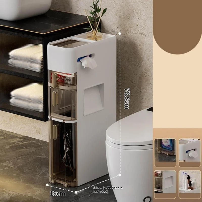Smalle badkamer opbergkast met 4 verdiepingen, toiletpapierhouder met prullenbak, lade-organizer met wielen