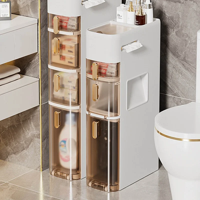 Smalle badkamer opbergkast met 4 verdiepingen, toiletpapierhouder met prullenbak, lade-organizer met wielen