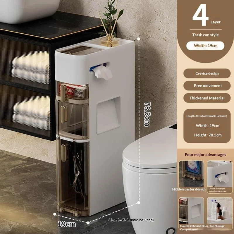 Smalle badkamer opbergkast met 4 verdiepingen, toiletpapierhouder met prullenbak, lade-organizer met wielen