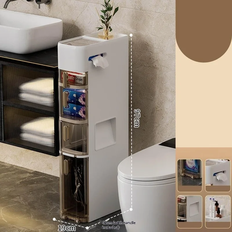 5-Tier Bathroom Storage Cabinet Slim Toilet Paper Holder with Trash Can Drawer Organizer with Wheels