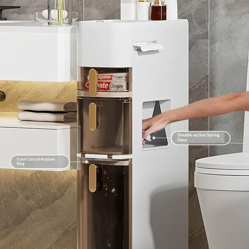 5-Tier Bathroom Storage Cabinet Slim Toilet Paper Holder with Trash Can Drawer Organizer with Wheels