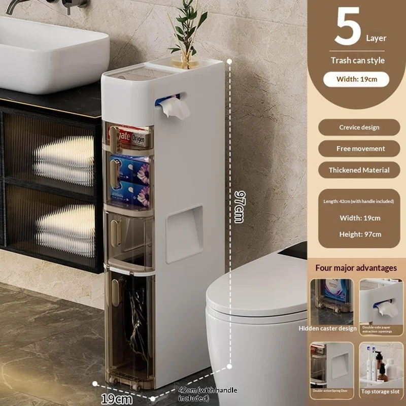 5-Tier Bathroom Storage Cabinet Slim Toilet Paper Holder with Trash Can Drawer Organizer with Wheels