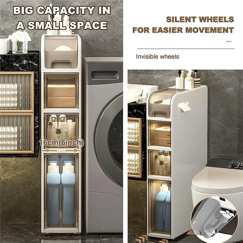 Bathroom Storage Cabinet 4 Tier Slim Rolling Cart with Wheels Toilet Side Organizer Shelf