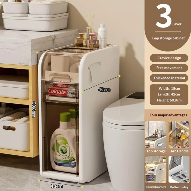 3-Tier Bathroom Storage Cabinet Slim Rolling Cart For Toilet Paper Organizer with Drawers and Wheels