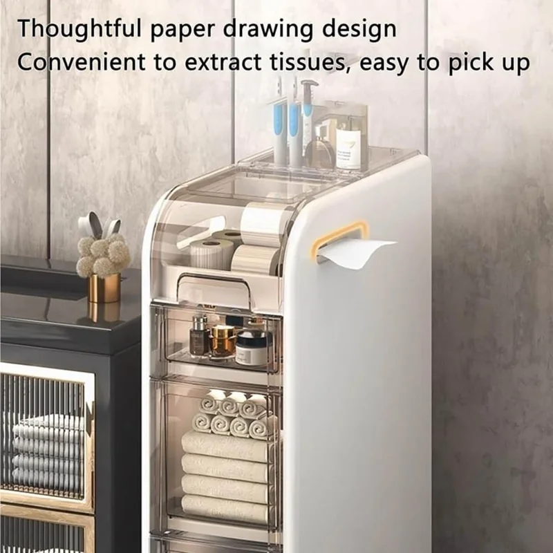 Armoire de Salle de Bains 4 Niveaux, Chariot Étroit Roulant avec Tiroirs et Roulettes pour Rangement de Papier Toilette