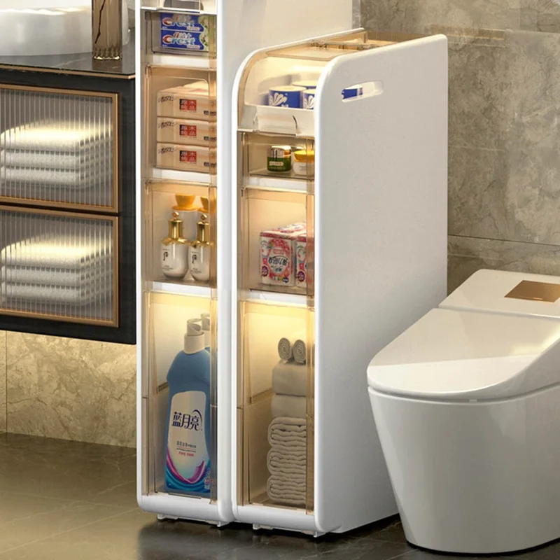 Armoire de Salle de Bains 4 Niveaux, Chariot Étroit Roulant avec Tiroirs et Roulettes pour Rangement de Papier Toilette