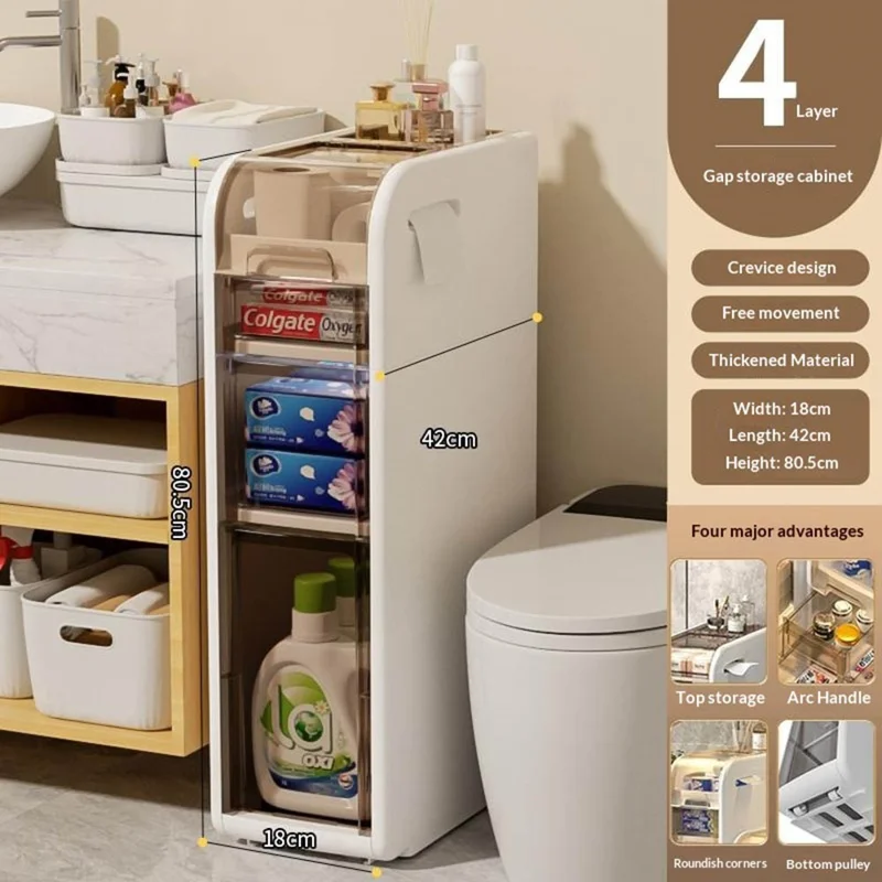 Armoire de Salle de Bains 4 Niveaux, Chariot Étroit Roulant avec Tiroirs et Roulettes pour Rangement de Papier Toilette