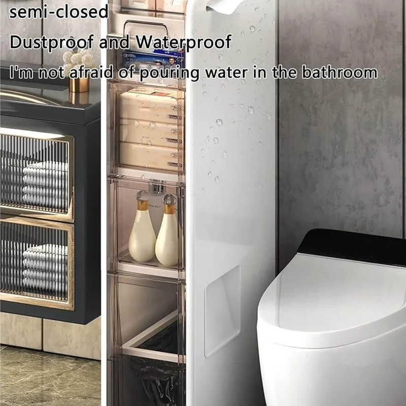 5-Tier Slim Bathroom Storage Cabinet Toilet Paper Towel Organizer with Wheels Trash Can Drawer