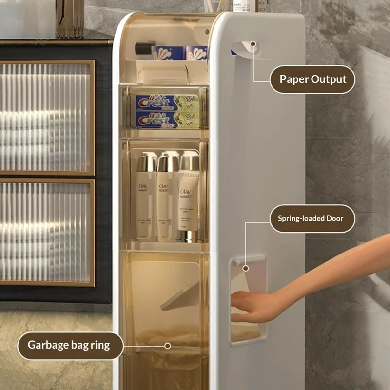 5-Tier Slim Bathroom Storage Cabinet Toilet Paper Towel Organizer with Wheels Trash Can Drawer