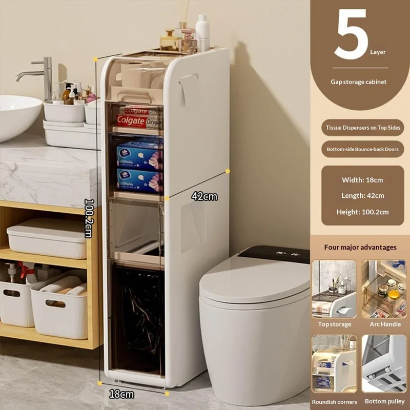 5-Tier Slim Bathroom Storage Cabinet Toilet Paper Towel Organizer with Wheels Trash Can Drawer