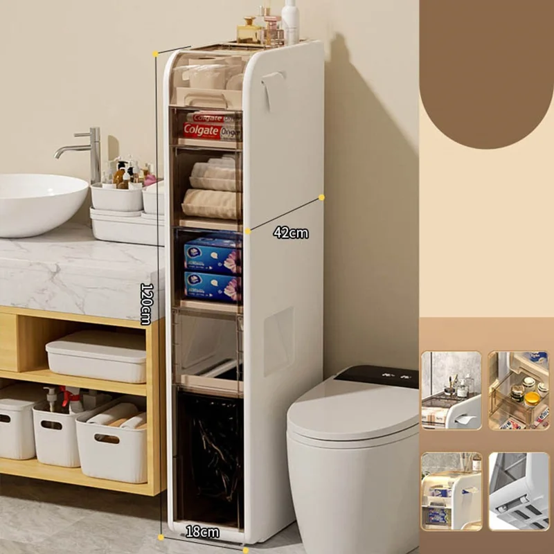 Wąski 6-poziomowy szafek łazienkowy z kółkami, organizer na papier toaletowy i ręczniki, z koszem na śmieci i szufladą