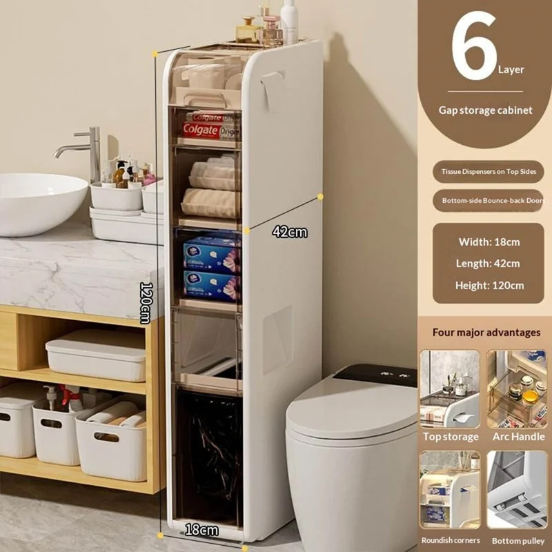 Wąski 6-poziomowy szafek łazienkowy z kółkami, organizer na papier toaletowy i ręczniki, z koszem na śmieci i szufladą