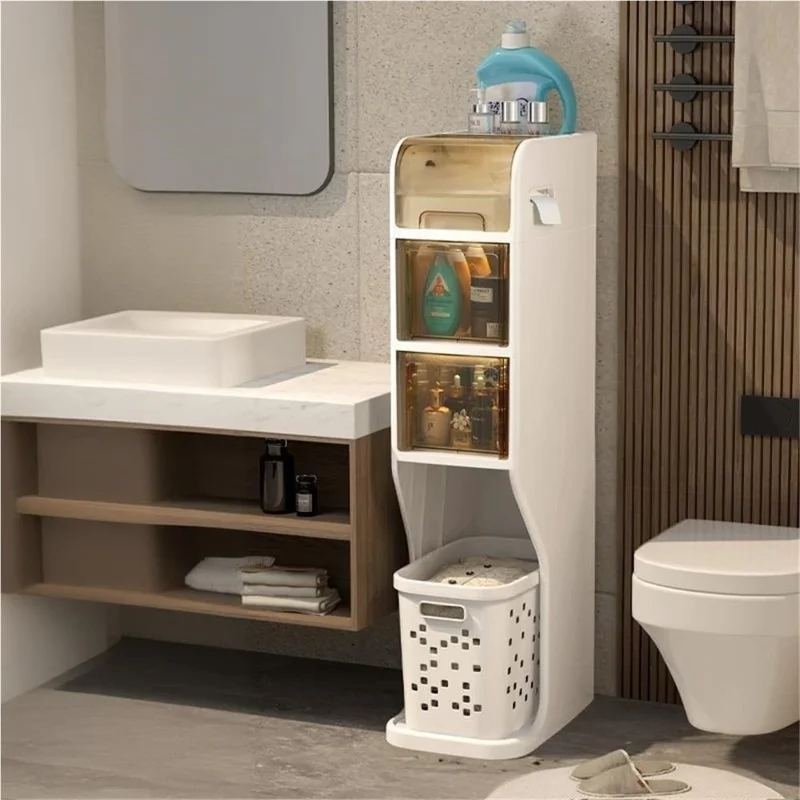 Wąski toaletowy kabinet magazynowy na kołkach z koszem na pranie, 4-poziomowy organizator na wąskie przestrzenie