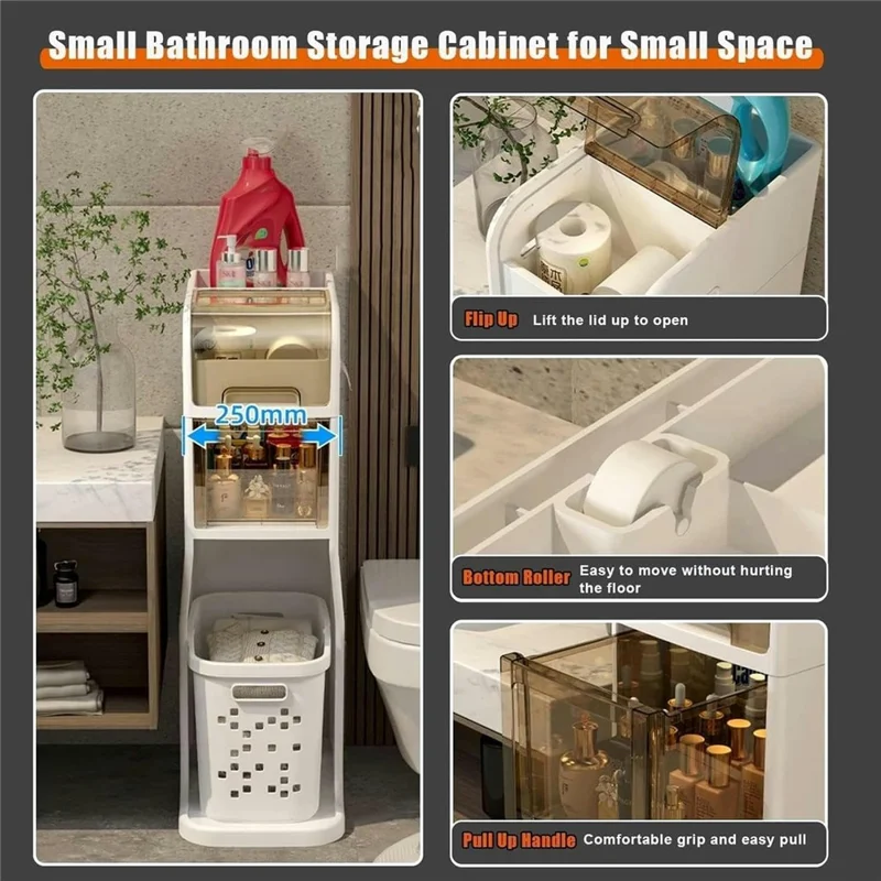 Wąski toaletowy kabinet magazynowy na kołkach z koszem na pranie, 4-poziomowy organizator na wąskie przestrzenie