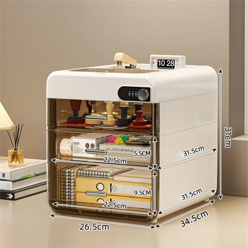 Boîte de Rangement de Bureau 3 Couches avec Serrure à Mot de Passe, Classeur de Fichiers, Armoire de Sécurité et de Confidentialité - Gris Transparent