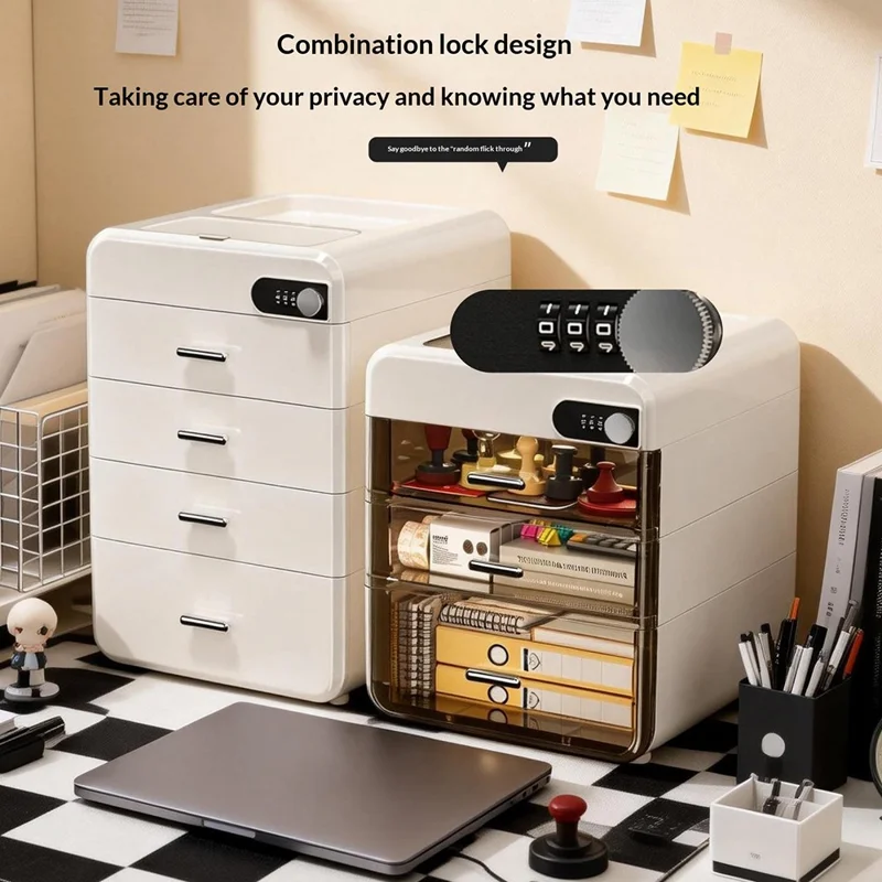 Boîte de Rangement de Bureau 3 Couches avec Serrure à Mot de Passe, Classeur de Fichiers, Armoire de Sécurité et de Confidentialité - Gris Transparent