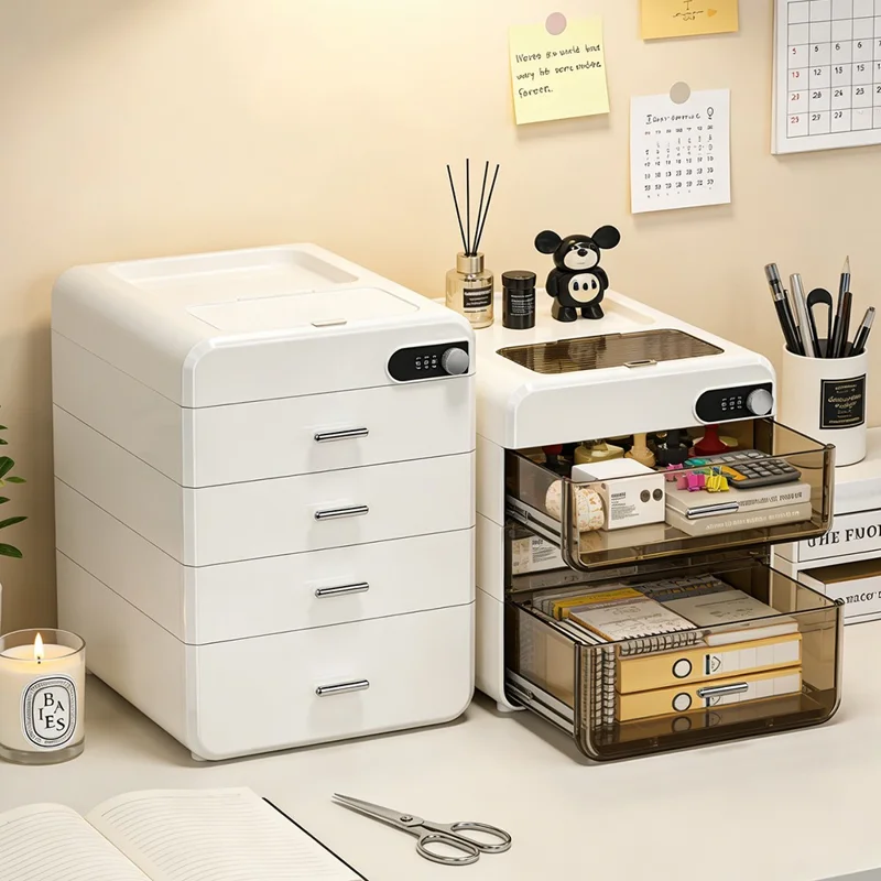 Boîte de Rangement de Bureau 3 Couches avec Serrure à Mot de Passe, Classeur de Fichiers, Armoire de Sécurité et de Confidentialité - Gris Transparent