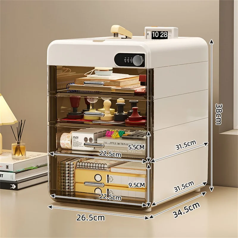 Boîte de Rangement de Bureau 4 Couches avec Serrure à Mot de Passe, Classeur de Fichiers, Armoire de Sécurité et Confidentialité - Gris Transparent