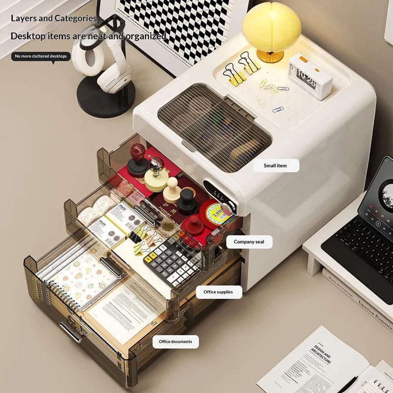 Boîte de Rangement de Bureau 4 Couches avec Serrure à Mot de Passe, Classeur de Fichiers, Armoire de Sécurité et Confidentialité - Gris Transparent