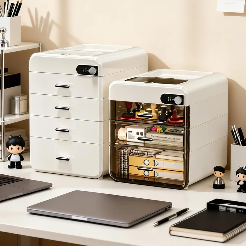 Boîte de Rangement de Bureau 4 Couches avec Serrure à Mot de Passe, Classeur de Fichiers, Armoire de Sécurité et Confidentialité - Gris Transparent