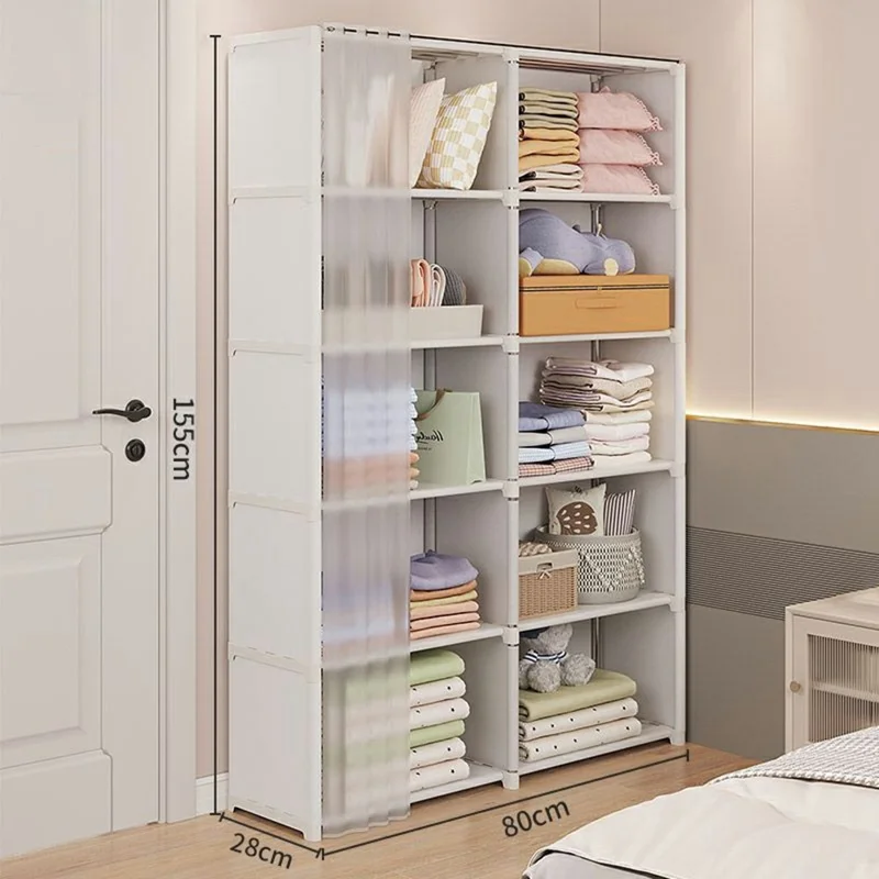 Белый шкаф для хранения в спальню 80 x 28 x 155 см, 6 ярусов, двойной ряд, органайзер с пылезащитными шторками