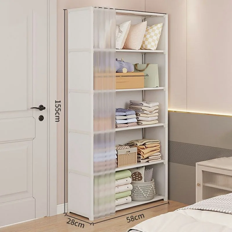 Белый шкаф для спальни 58 x 28 x 155 см, 6-ярусный однорядный широкий, пылезащитный органайзер с занавеской - Белый