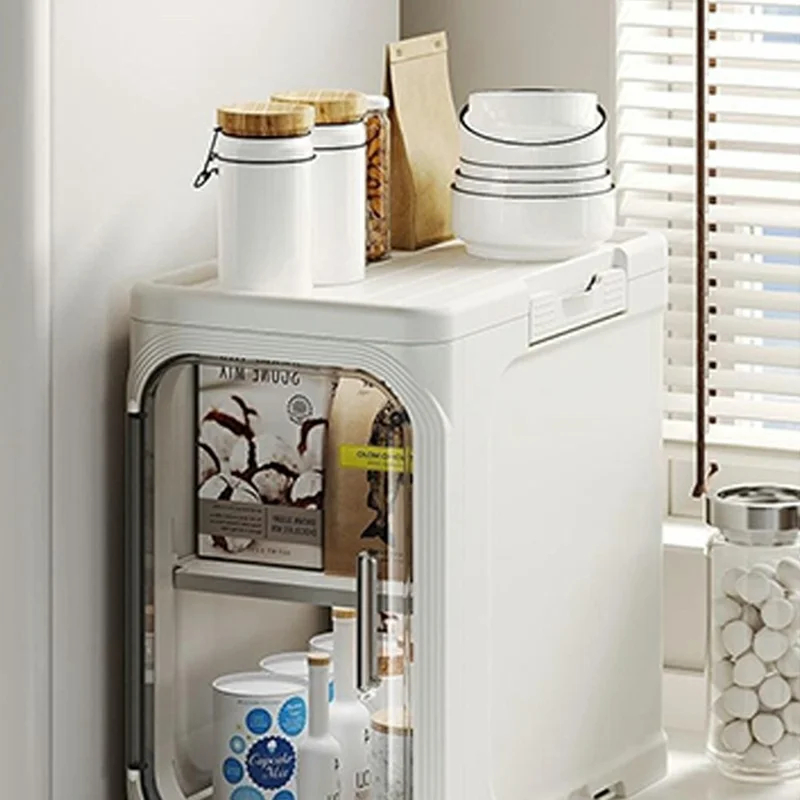 Single Tier Storage Cabinet Waterproof Dustproof Organizer with Clear Door Removable Shelf for Bathroom Kitchen - Beige