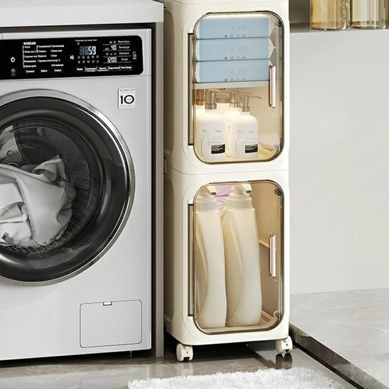 Carrinho de Armazenamento de 2 Níveis, Organizador à Prova de Água e Poeira com Porta Transparente e Prateleira Removível para Casa de Banho e Cozinha - Bege