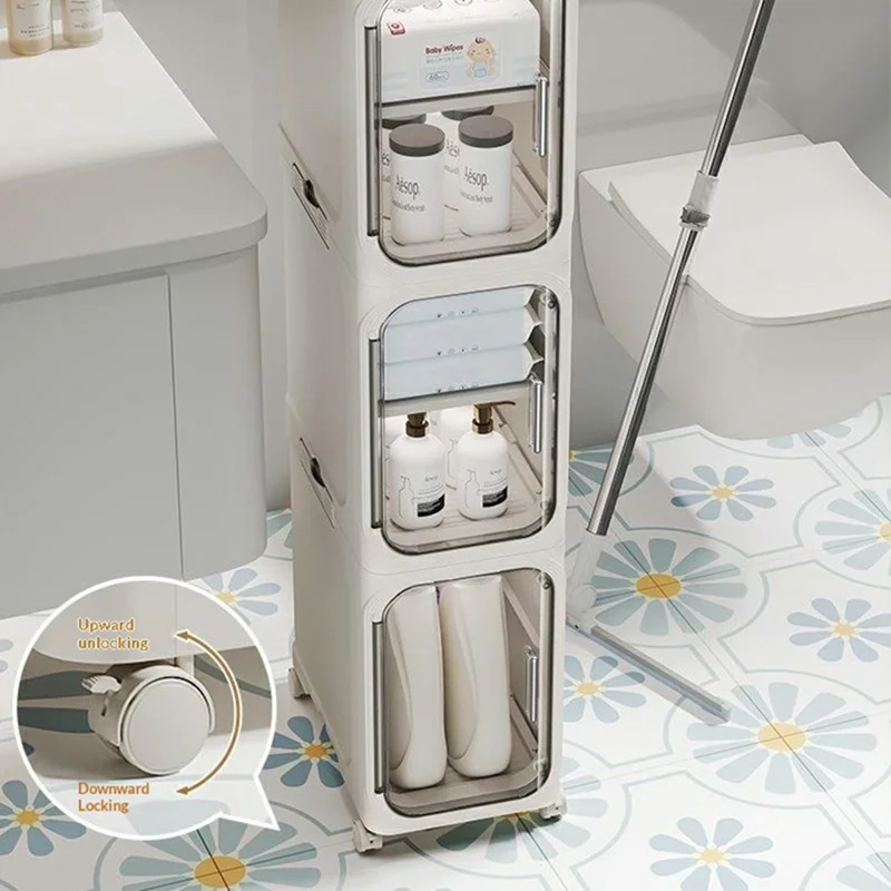 3 Tier Storage Cabinet Cart Waterproof Dustproof Organizer with Clear Door Removable Shelf for Bathroom Kitchen - White