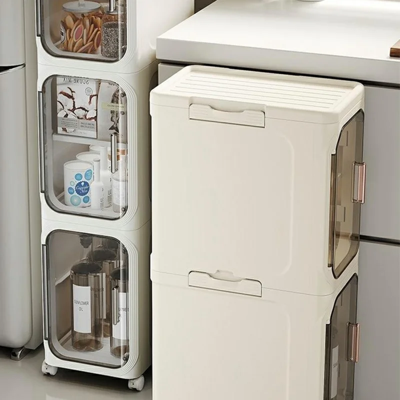 3 Tier Storage Cabinet Cart Waterproof Dustproof Organizer with Clear Door Removable Shelf for Bathroom Kitchen - White