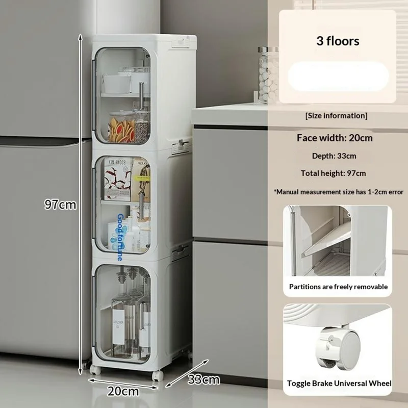 3 Tier Storage Cabinet Cart Waterproof Dustproof Organizer with Clear Door Removable Shelf for Bathroom Kitchen - White