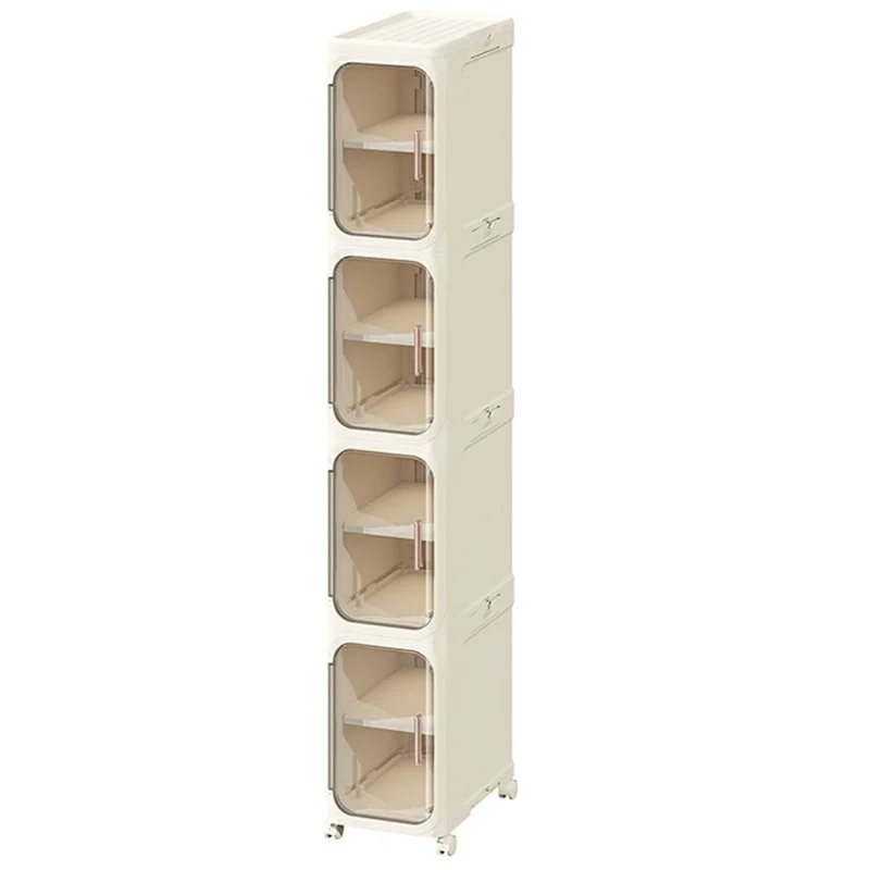 4 Tier Storage Cabinet Cart Waterproof Dustproof Organizer with Clear Door Removable Shelf for Bathroom Kitchen - Beige