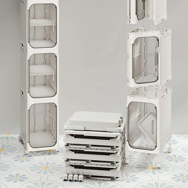 4 Tier Storage Cabinet Cart Waterproof Dustproof Organizer with Clear Door Removable Shelf for Bathroom Kitchen - Beige