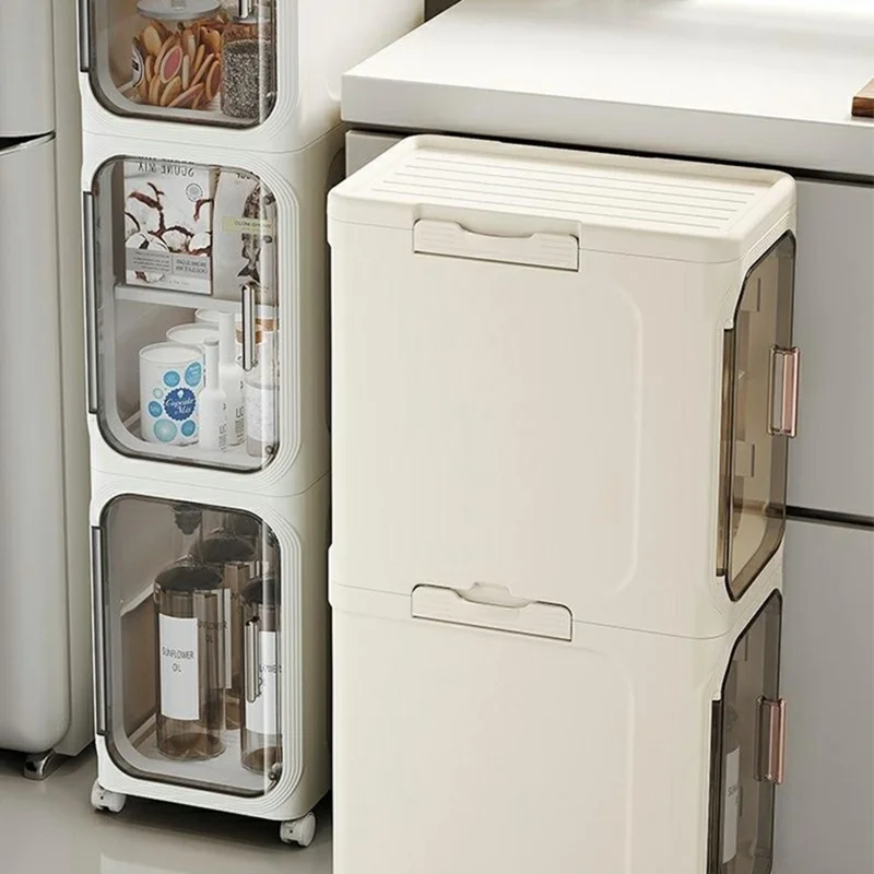 4 Tier Storage Cabinet Cart Waterproof Dustproof Organizer with Clear Door Removable Shelf for Bathroom Kitchen - Beige