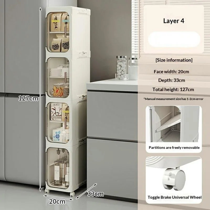 4 Tier Storage Cabinet Cart Waterproof Dustproof Organizer with Clear Door Removable Shelf for Bathroom Kitchen - Beige