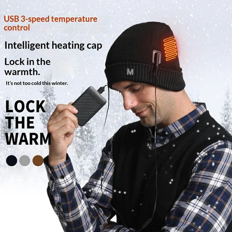 M08 USB Heated Beanie Smart Electric Warming Hat 3 Gear Temperature Winter Thermal Cap for Men Women - Black