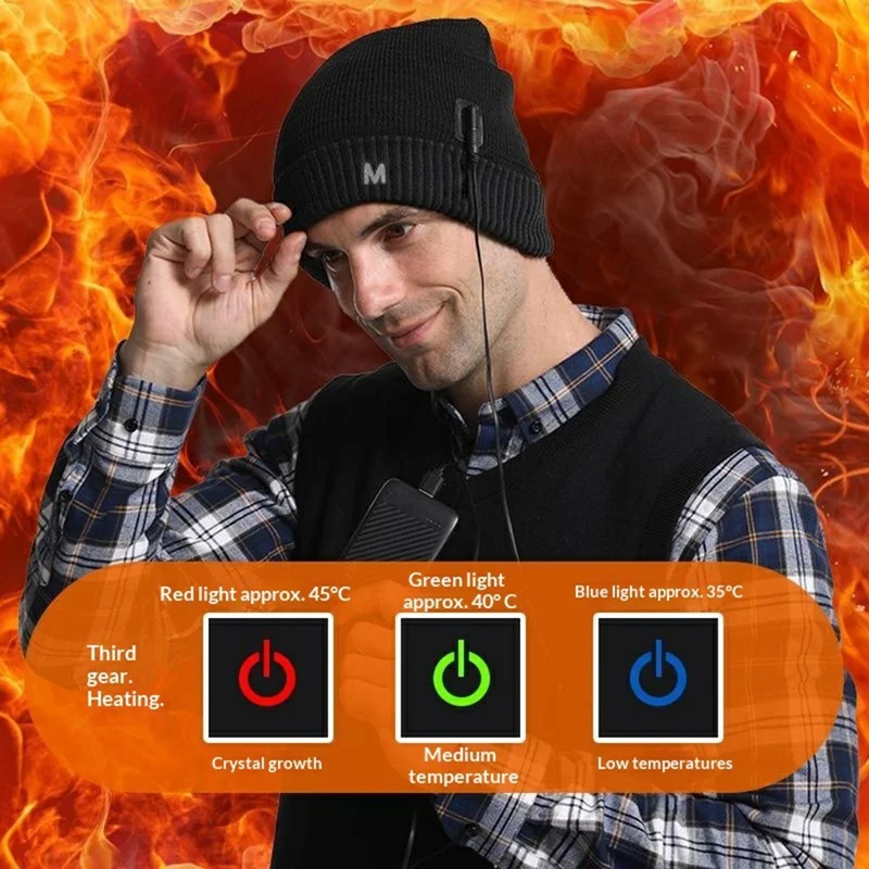 M08 USB Heated Beanie Smart Electric Warming Hat 3 Gear Temperature Winter Thermal Cap for Men Women - Black