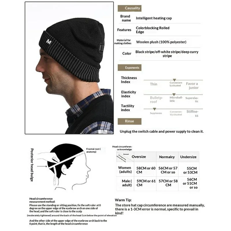 M08 USB Heated Beanie Smart Electric Warming Hat 3 Gear Temperature Winter Thermal Cap for Men Women - Black