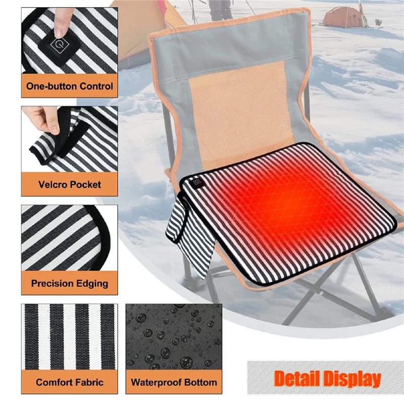 43x43cm Portable Heated Seat Cushion 3 Temperature Modes Magic Tape Pocket Foldable Warming Pad for Camping Car Office - Blue