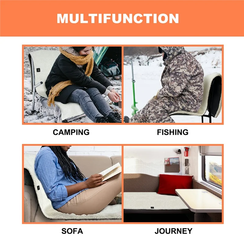 135x48cm Portable Heated Seat Cushion 3-Level Temperature Control Fleece Heating Pad for Sofa Camping Fishing