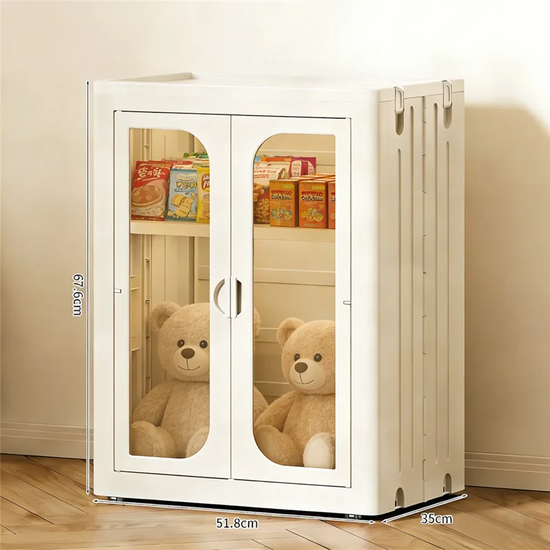 2-Tier Foldable Storage Cabinet No Assembly Transparent Doors Snacks Kids Toys Clothes Organizer Closet
