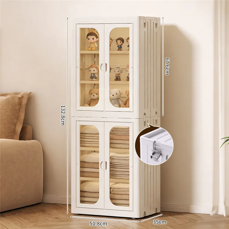 6-Tier No Assembly Folding Storage Cabinet Transparent Doors Plastic Snacks Toys Clothes Organizer for Bedroom Living Room