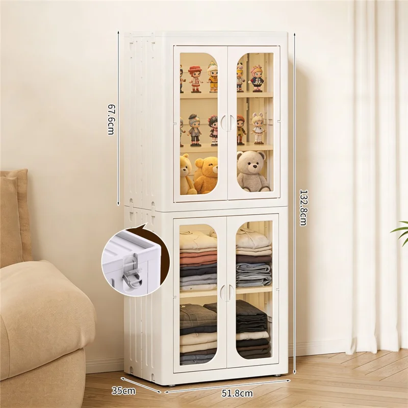 5-Tier No Assembly Folding Storage Cabinet Transparent Doors Plastic Snacks Toys Clothes Organizer for Bedroom Living Room
