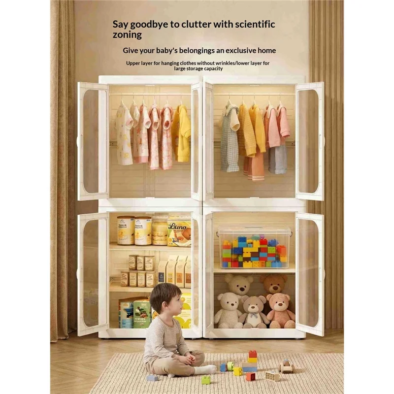 5-Tier No Assembly Folding Storage Cabinet Transparent Doors Plastic Snacks Toys Clothes Organizer for Bedroom Living Room