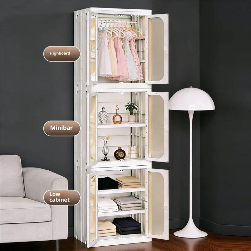5-Tier No Assembly Folding Storage Cabinet Transparent Doors Plastic Snacks Toys Clothes Organizer for Bedroom Living Room