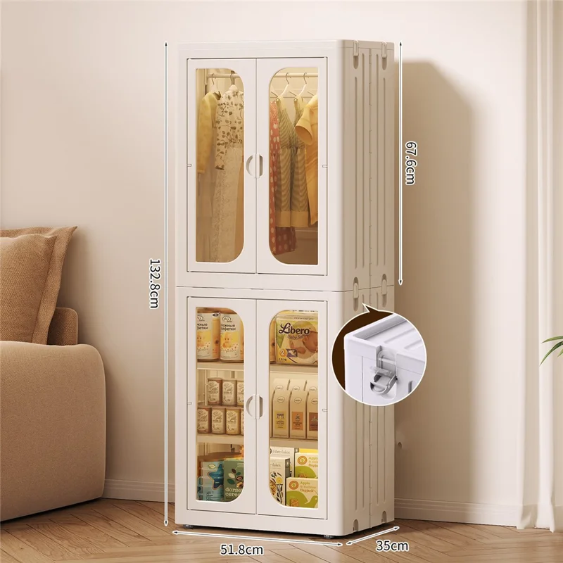 4-Tier No Assembly Folding Storage Cabinet Transparent Doors Plastic Snacks Toys Clothes Organizer for Bedroom Living Room