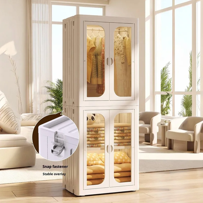 4-Tier No Assembly Folding Storage Cabinet Transparent Doors Plastic Snacks Toys Clothes Organizer for Bedroom Living Room