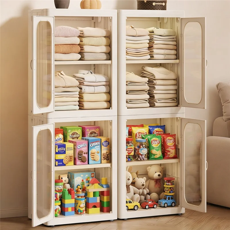 4-Tier No Assembly Folding Storage Cabinet Transparent Doors Plastic Snacks Toys Clothes Organizer for Bedroom Living Room