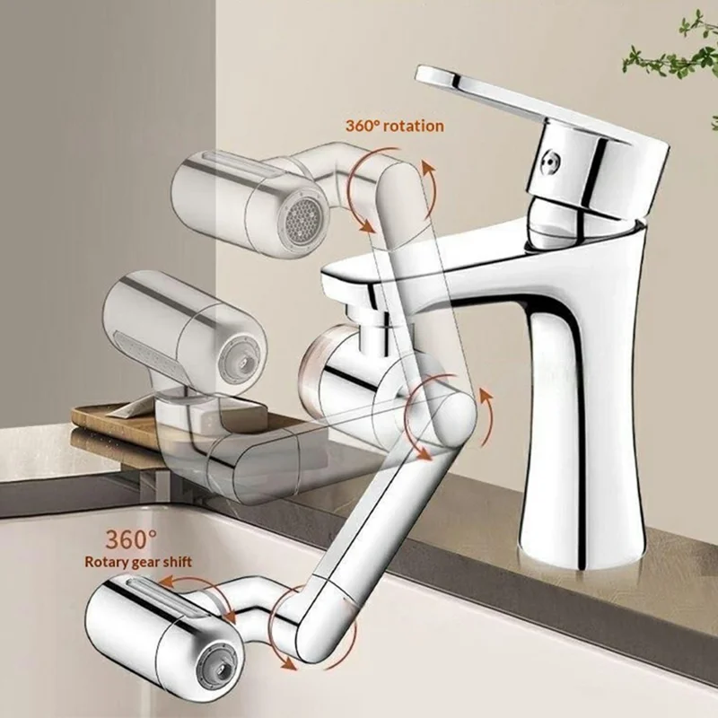 Wirujący rozpylacz do kranu z filtrem 4-biegowy, 1440 stopni, z 3 filtrami, przedłużacz z ramieniem robotycznym do kuchni i łazienki – srebrny